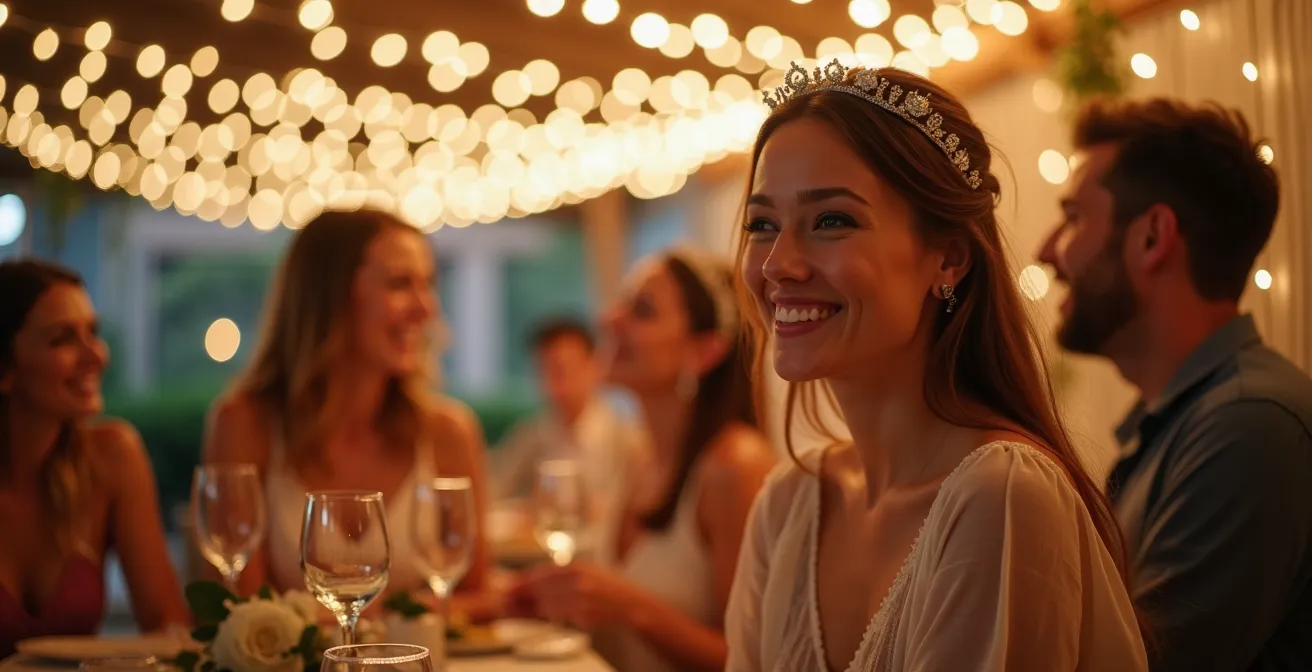 Barnum pliant décoré élégamment avec guirlandes guinguettes et voilages blancs, éclairage chaleureux naturel en soirée