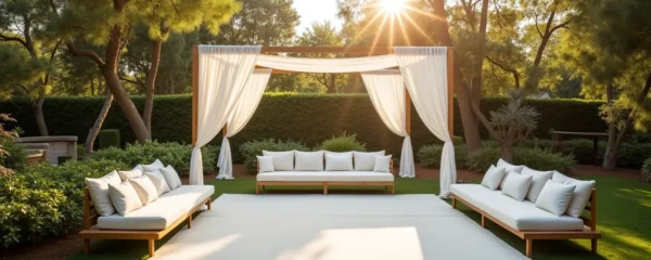 Barnum pliant élégant installé dans un jardin en extérieur pour mariage en plein air, atmosphère de village festif avec décoration naturelle et lumière dorée au coucher de soleil