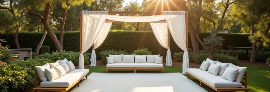Barnum pliant élégant installé dans un jardin en extérieur pour mariage en plein air, atmosphère de village festif avec décoration naturelle et lumière dorée au coucher de soleil