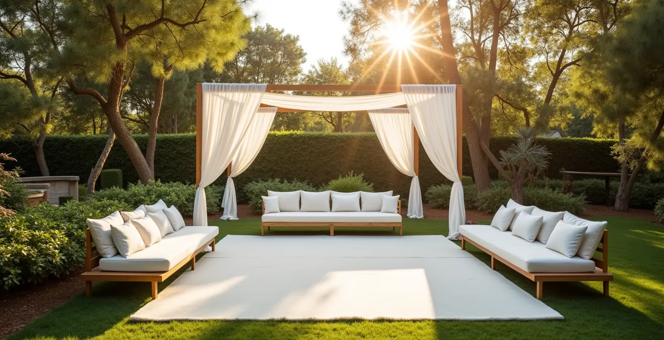Barnum pliant élégant installé dans un jardin en extérieur pour mariage en plein air, atmosphère de village festif avec décoration naturelle et lumière dorée au coucher de soleil