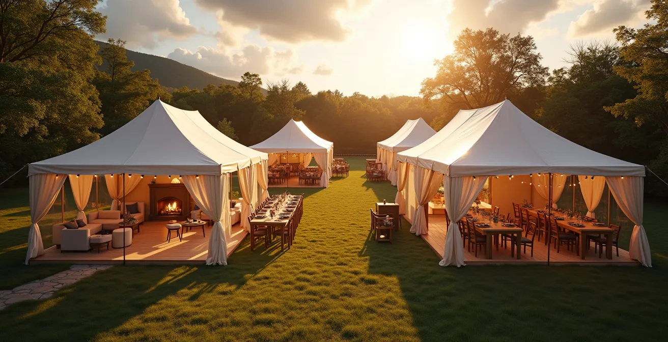 Dispositif modulaire de plusieurs barnums pliants formant différents zones thématiques pour mariage en extérieur, lumière naturelle douce