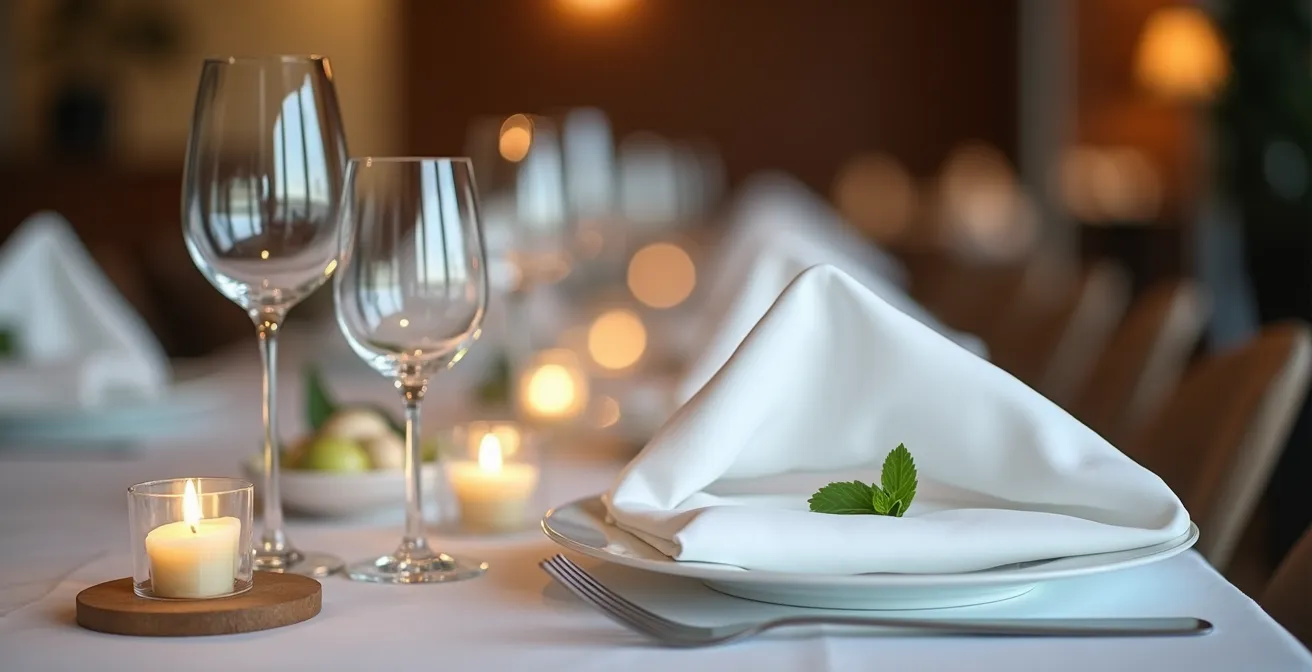Table dressée avec serviettes finement pliées, porte-serviettes élégants, et décor soigné