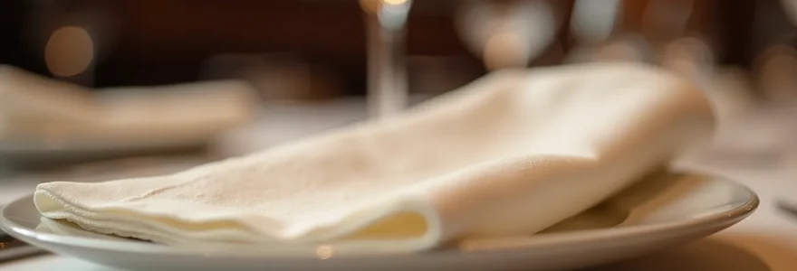 Vue rapprochée d'une serviette en papier professionnelle élégante et bien pliée sur une table restaurant, soulignant qualité et esthétique