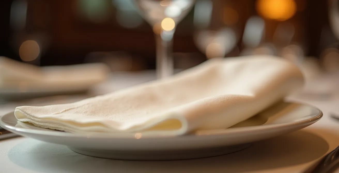 Vue rapprochée d'une serviette en papier professionnelle élégante et bien pliée sur une table restaurant, soulignant qualité et esthétique