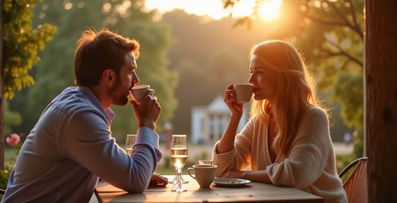 Couple détendu le lendemain du mariage dans un cadre paisible