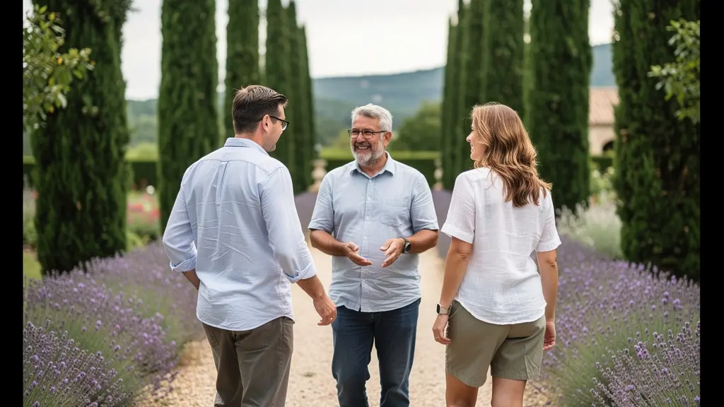 Couple trentenaire visitant domaine mariage Provence avec propriétaire