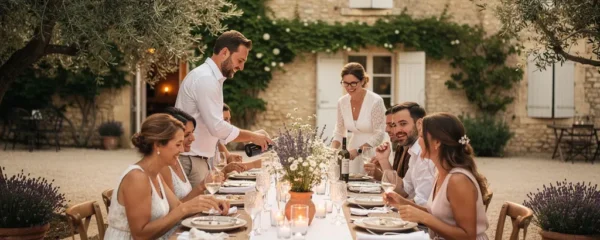 Cour intérieure d'un mas provençal avec table dressée pour réception mariage