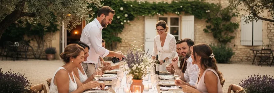 Cour intérieure d'un mas provençal avec table dressée pour réception mariage